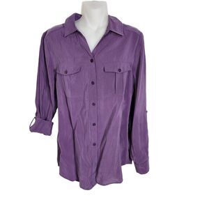 Chico's Womens Top 0 Small Silky Chic Sophia Long Tab Sleeve Button Purple Luxe